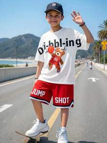 SHEIN 青少年男童宽松街头风短袖短裤套装 - 白色 - 查看 4