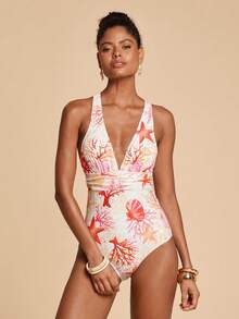 Travachic 1pc Women's Starfish & Shell Print One-Piece Swimsuit,Orange And White,Summer,Jamican,Pool Party,Vacation,Holiday,Beach Outfits,Elegant,Y2k,Ocean - Multicolor - View 3