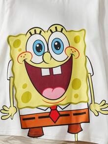 SpongeBob SquarePants | SHEIN Bộ đồ ngủ dài tay cổ tròn dáng rộng họa tiết hoạt hình dành cho bé trai tuổi teen, thích hợp mùa thu/đông. - trắng - Xem 5