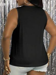 Maweii Plus Size Slogan Rhinestone Short Sleeve Hot Diamond Tees Women Tank Tops - Black - View 2
