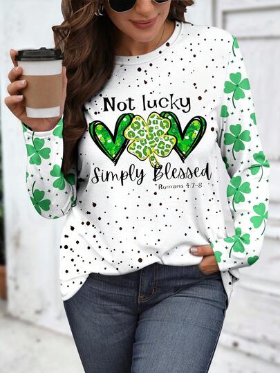 EMERY ROSE Women's Casual Heart & Polka Dot Patchwork Plus Size Round Neck Long Sleeve T-Shirt, Romans 4:78 Graphic Tee