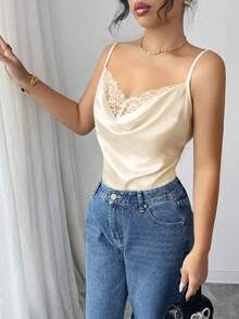 Rafferiza Áo hai dây ren satin thanh lịch dành cho nữ màu đen - Màu be - Xem 3