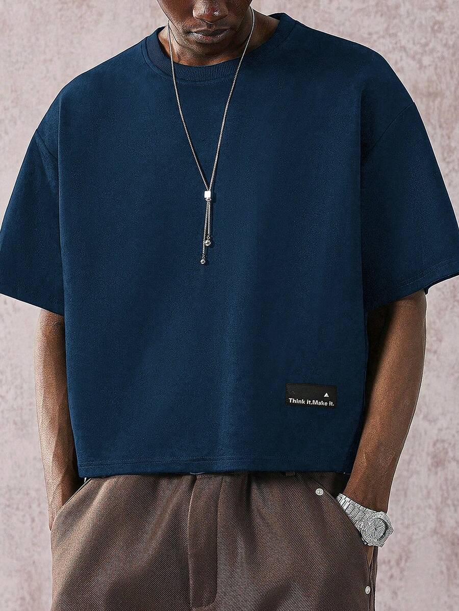 STYNVO 男士休闲字母印花纯色短袖T恤，夏季 - 藏蓝色 - 查看 1