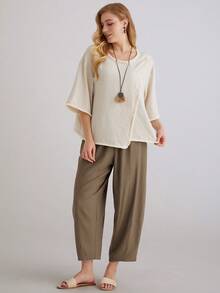 Parysyn Áo kiểu nữ cỡ lớn dáng rộng, màu trơn, thoải mái, cổ tròn, vai rớt, tay cánh dơi, áo tunic nữ mùa hè, áo kiểu kín đáo mùa hè, size S nữ, size S nữ, size S nữ, áo mùa hè nữ, áo mùa hè nữ, áo mùa hè nữ - Màu be - Xem 4