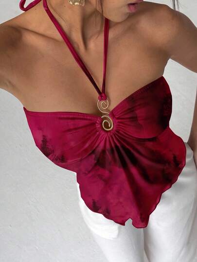 Aloruh Women's Summer Pleated Asymmetric Hem Fashionable Halter Neck Backless Tank Top, Tie-Dye Print, Angola Red