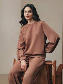 Anewsta Elegant Women's Asymmetrical Fabric Embroidered Graphic Sweatshirt, Suitable For Spring And Summer - Khaki - View 1