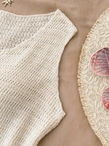 Travachic Áo len không tay cổ tròn, kiểu dáng tối giản, thời trang với tua rua - Màu be - Xem 4