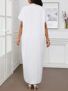 SHEIN Lady Women's Graphic Print Notched Neck Casual Short Sleeve Dress White Maxi Dress Women Boho White Dress White Beach Cover Up - Multicolor - View 2