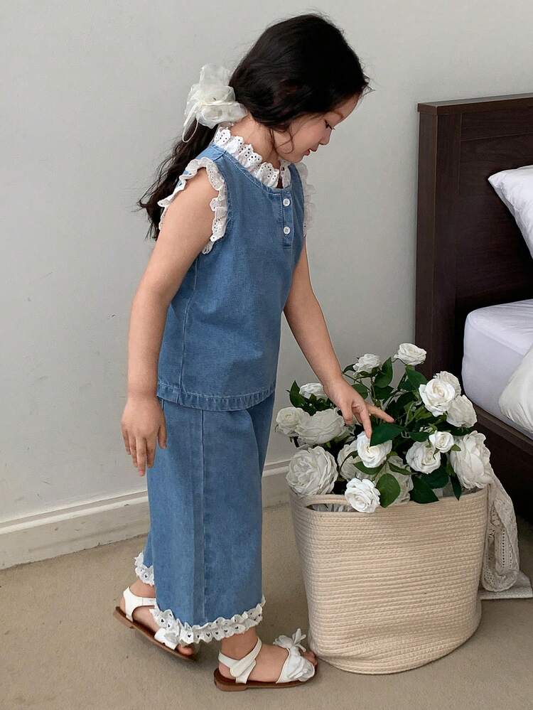 2pcs Young Girls Crew Neck Sleeveless Denim Top And Wide Leg Denim Pants Set, Fall Outfit