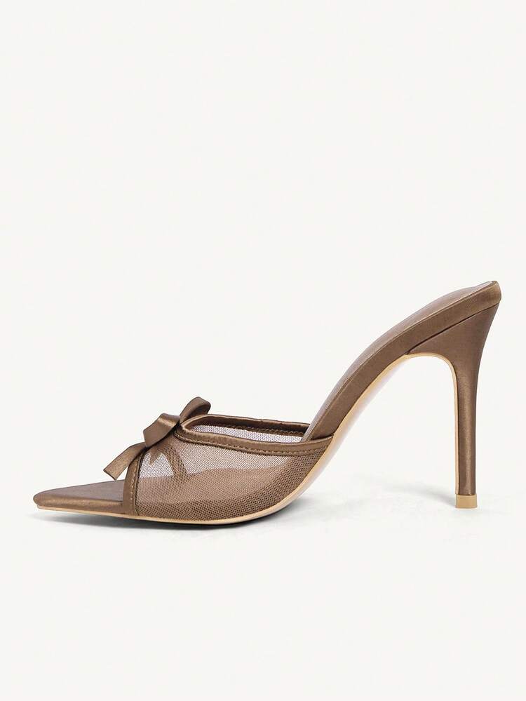 CUCCOO CHICEST Women Shoes Brown Satin Mesh Splicing Summer And Summer Bow Elements Fashion Sexy Pointed Stiletto Slippers Summer Shoes Wedding Shoes Bride Shoes