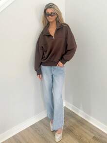 Sydney Algeri Women's Loose Solid Half Zip Thermal Lining Sweatshirt - Coffee Brown - View 4