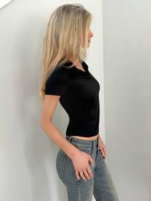 Sydney Algeri Women's Plain Collar Short Sleeve Casual Pleated T-Shirt - Black - View 3