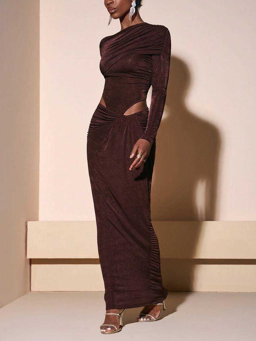 Zivah 2026春夏新款情人节、音乐节、复活节西部波西米亚风纳什维尔派对、婚礼、晚宴、约会、商务休闲单肩长袖褶皱领镂空连体衣+扭腰紧身裙两件套女装