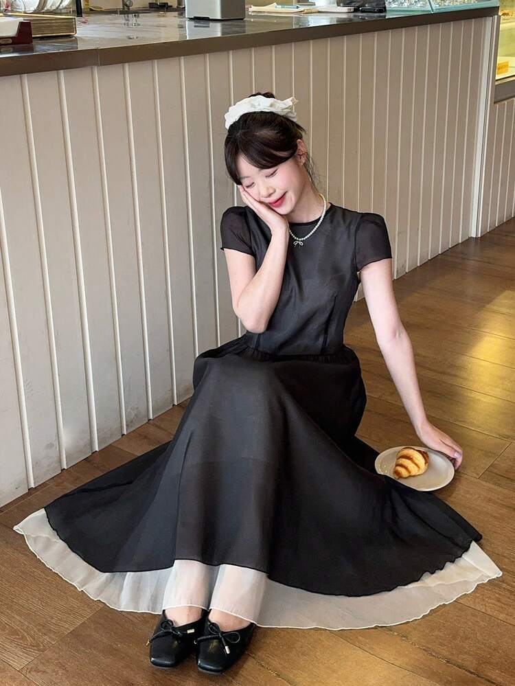 Women's Sweet Elegant Sheer Mesh Puff Sleeve Dress, Summer New Arrival