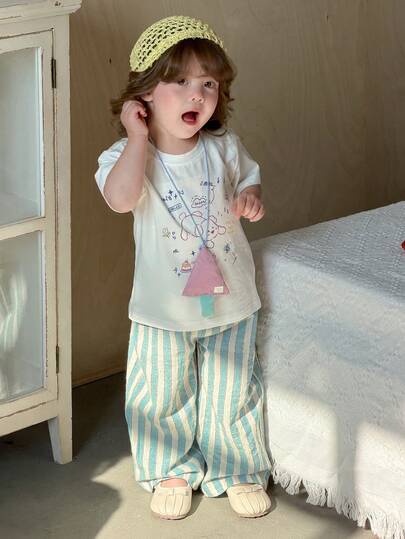 DAZY 2pcs/Set Toddler Girls' Cartoon Print Round Neck T-Shirt And Striped Korean Style Pants, Fresh Korean Style Outfit