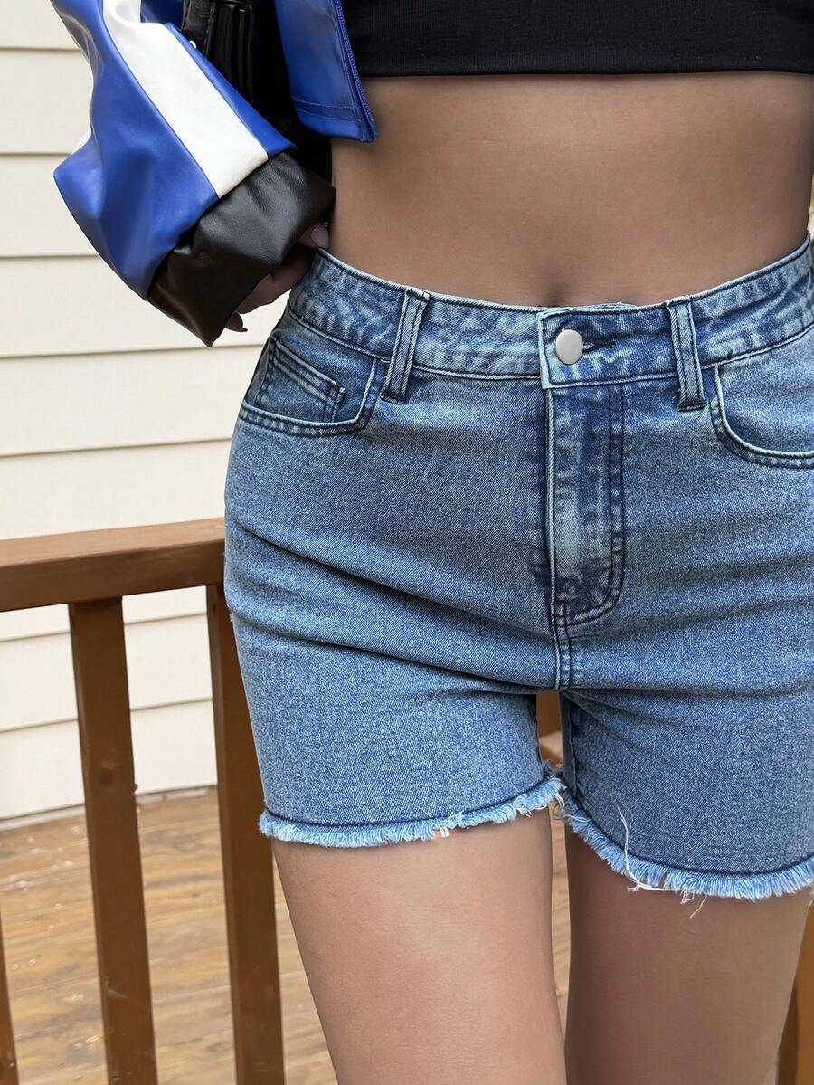 DAZY Women's Cotton Blue Solid Color Frayed Hem Casual Slim Fit Denim Shorts, Summer - Blue - View 1