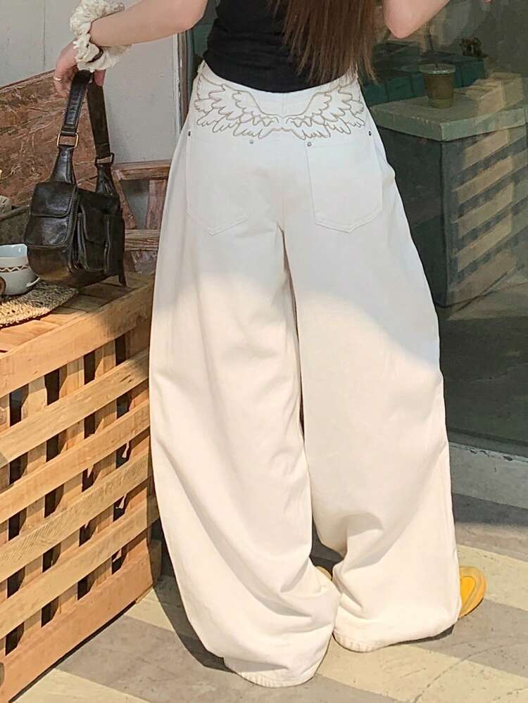 Women's Loose Embroidered Korean Style Washed Denim Jeans, Versatile For Spring/Summer