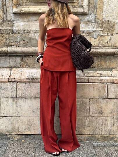 INAWLY Women's New Spring/Summer 2-Piece Set, French Casual Tube Top + Straight Leg Pocket Pants, Summer 2-Piece Set Rust Red Tube Top + Elastic Waist Wide Leg Pants Casual Set, Spring Vintage Casual Simple Basic 2-Piece Set, Commuting Outfit, Daily Wear