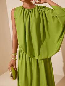 SHEIN Veneréa New Spring/Summer One-Shoulder Ruched Waist Dress, Green Round Neck, Elegant Resort Wear Primavera A Estate Solid Color Dress Primavera A Verano Resort Dresses For Women St Patrick's Day St Patrick's Day Avocado Green, One-Shoulder Draped, Asymmetric, Elegant Vacation Style, Gown, Party, Banquet, Vacation - Green - View 5
