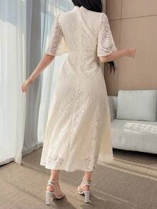 DAZY 女士优雅蕾丝立领荷叶袖中长连衣裙，夏季婚礼宾客礼服，女士吊带裙 - 米色 - 查看 2