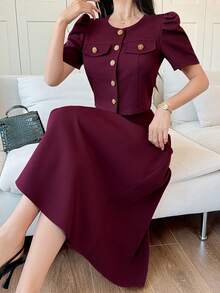 DAZY Women's Elegant Solid Color Textured Round Neck Puff Sleeve Faux Pocket Shirt And A-Line Skirt 2 Pieces Set, Summer - Burgundy - View 8