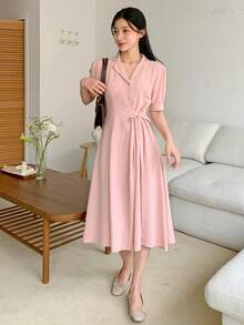 DAZY Women's Turndown Collar Ruched Midi Dress - Pink - View 4