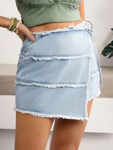 Breezaya Women's Casual Washed Frayed Tie-Up Wrap Denim Skirt - Blue - View 4