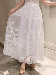 DAZY 女士休闲度假风弹力腰蕾丝长裙，优雅 - 白色 - 查看 5