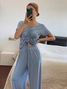 DAZY Minimalist Pleated Design Loose Women Pajama Set - Blue - View 6