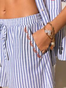 Poéselle 女士夏季度假棉质条纹刺绣系腰短裤 - 彩色 - 查看 4