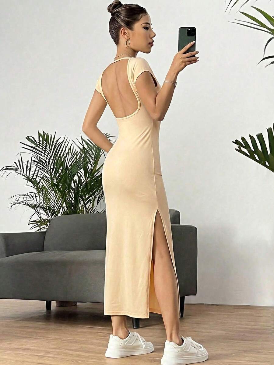 SHEIN EZwear 女士米黄色纯色露背开衩修身Y2K连衣裙,夏季 - Butter Yellow - 查看 1