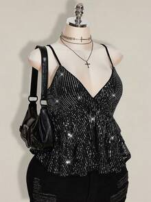 SHEIN ICON Plus Size Fashionable Party Sequin Ruffle Hem Camisole, Summer Tops - Silver - View 1