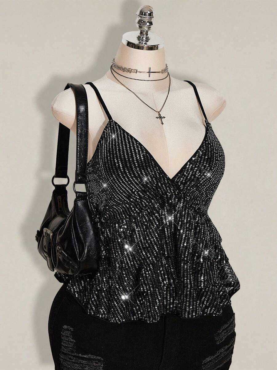 SHEIN ICON Plus Size Fashionable Party Sequin Ruffle Hem Camisole, Summer Tops - Silver - View 1