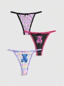 ROMWE Kawaii 3pcs Set Cute Lace Trim Thong Panties - Multicolor - View 1