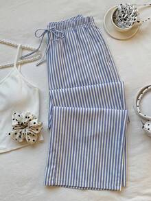 Comfortcana 休闲条纹印花百搭长裤，适合日常穿着、聚会、机场、夏季外出——女士低腰系带长裤 - 白色 - 查看 5