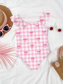 SHEIN 可爱卡通草莓印花荷叶袖连体泳衣，休闲甜美，适合夏季度假和海滩穿着，#椰子女孩 - 淺粉色 - 查看 3