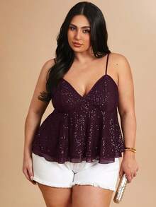 SHEIN BAE 大码秋冬纯色性感深V领棕色亮片吊带女式吊带背心，适合派对鸡尾酒会、音乐会等场合，也适合夏季假期、春假、情人节、狂欢节等场合，是2026年狂欢节女装的理想之选。 - 酒紅色 - 查看 2