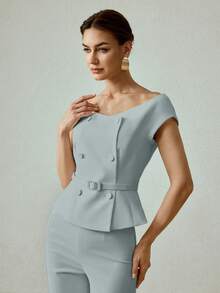 MOTF PREMIUM ELEGANT & FASHIONABLE DOUBLE-BREASTED COMMUTER BLOUSE - Blue - View 4