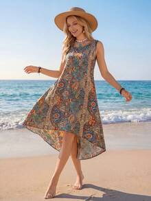 Sylviya 女士休闲佩斯利印花圆领无袖度假连衣裙 - 藍色 - 查看 4