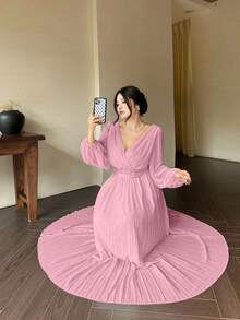 Vestido largo de manga larga con escote en V y espalda descubierta, vestido elegante y fluido de estilo griego de diosa blanca - Rosa - Ver 4
