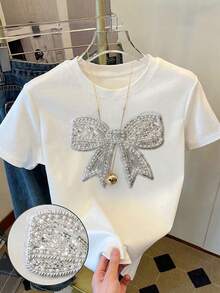 Resyla Leopard Heart Print Round Neck Short Sleeve T-Shirt, Suitable For Women All Year Round, Spring And Summer - White - View 1