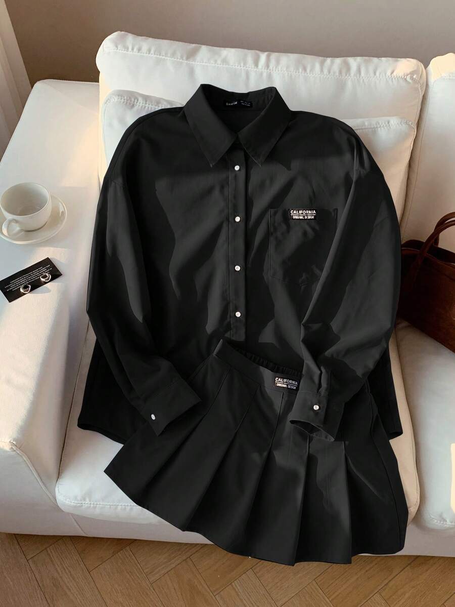 Comfortcana 2pcs Plus Size Set: Black Long Sleeve Blouse And Shorts Skirt With Included Shorts, Spring/Summer - Black - View 1