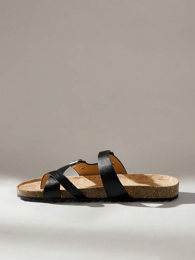 Solecia 女士平底套脚凉鞋，圆头设计，双带搭扣装饰，无后跟，舒适简约风格，适合度假和通勤，黑色，春夏款 - 黑色 - 查看 4