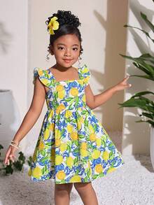 女童柠檬印花镂空蝴蝶结腰部休闲连衣裙，时尚百搭，适合派对、郊游、姐妹合照、公园、露营、度假、日常休闲穿着 - 黃色 - 查看 6