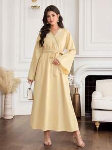 Yasmyna Women's Geometric Embroidery Overlap V-Neck Dropped Shoulder Long Sleeve Elegant Arabic Dress - Yellow - View 4