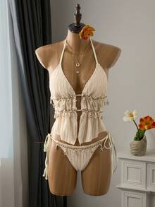 Bellisia Summer Beach Women 2 Pieces Spaghetti Strap Vest Wavy Striped Shell Patchwork Tie Neck Bikini Set, Bohemian Style - Beige - View 7