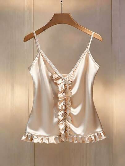 Franclia 缎面串珠荷叶边V领吊带背心，夏季