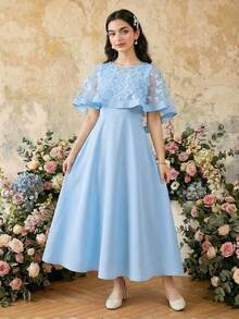 SHEIN 少女蝴蝶贴花装饰网纱披肩设计优雅连衣裙 - 彩色 - 查看 3