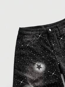 ROMWE MEN Men's Loose Fit Denim Shorts With Sparkling Diamond Star Spray Print Spring/Summer - Black - View 6