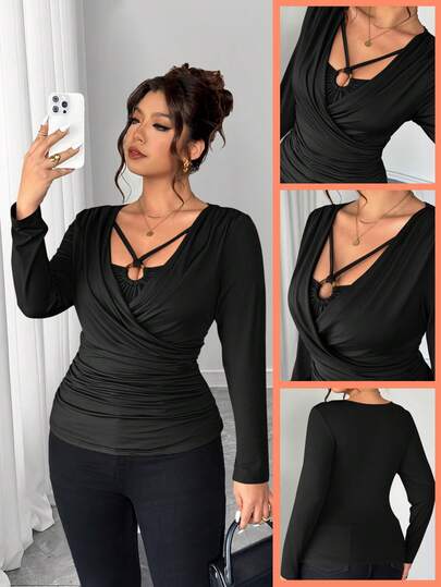 Elenzga Plus Size Women's Fashion Belted Round Ring Decor 2 In 1 T-Shirt, Suitable For Beach Vacation, Beach Travel, Commute Fashion Workplace, Valentine's Day, Music Festival, Mother's Day, Halloween, Thanksgiving, Easter, National Day, New Year, Date Party, Christmas, Wedding Season, Autumn/Winter